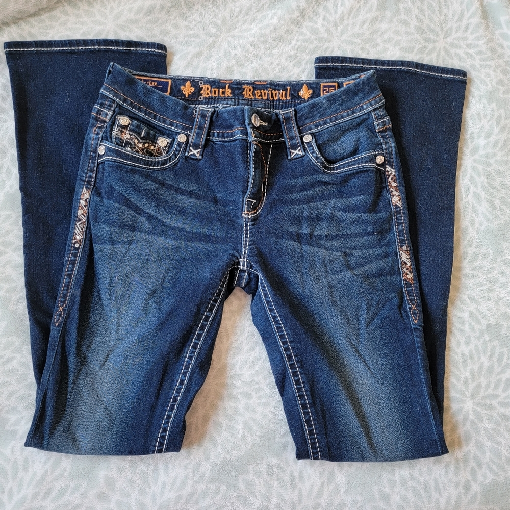 Rock Revival Jazlyn Bootcut Jeans Dark Denim Bling Jeweled Rhinestone